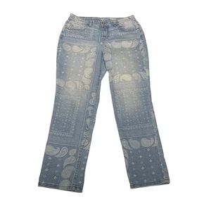 Style & Co Curvy Boyfriend Jeans Light Wash Bandana Print Paisley Blue Sz 8